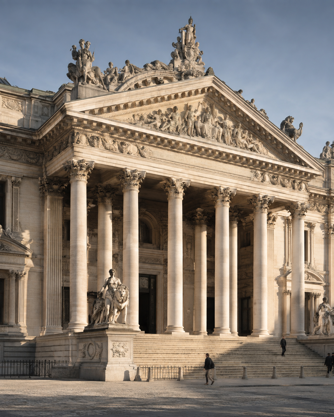 Illustration photographique de la Bourse de Bruxelles, entre architecture historique et vie urbaine.
